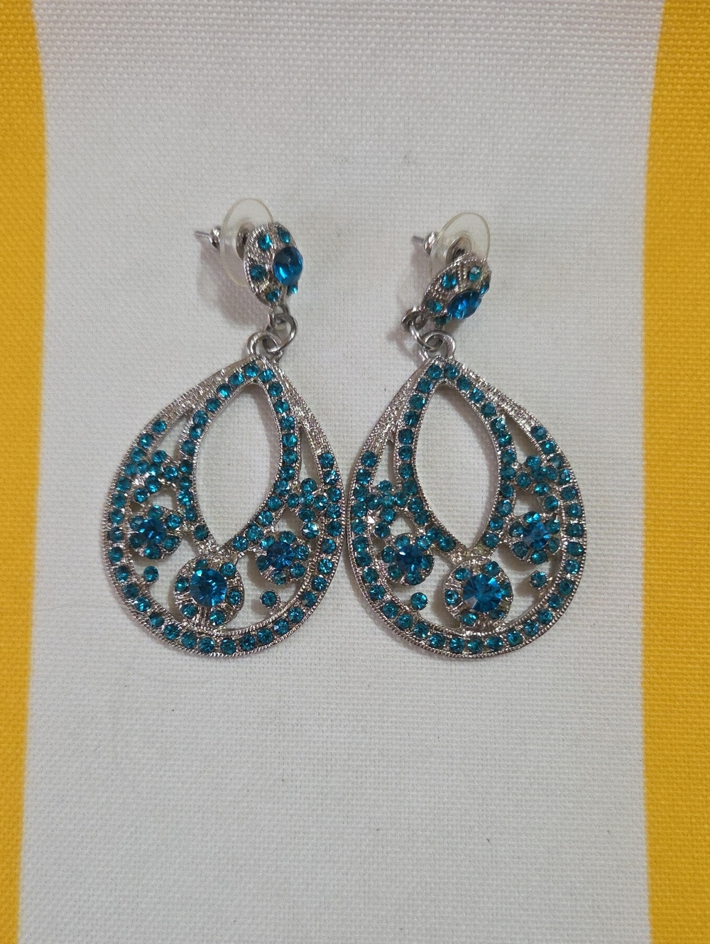 Silver Teardrop Earrings with Blue Crystals